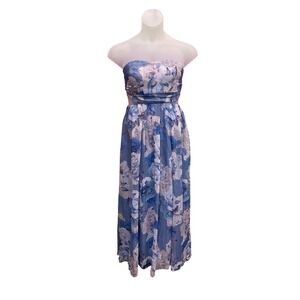 Olia Women Blue Floral Strapless Cut Out Back Tie Maxi Dress Medium elegant